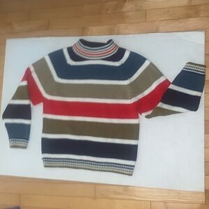 Cross Roads, Vintage long sleeved red/tan/blue/creme Striped crew neck sweater.